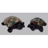 TWO OBSIDIAN AND ABALONE TURTLES