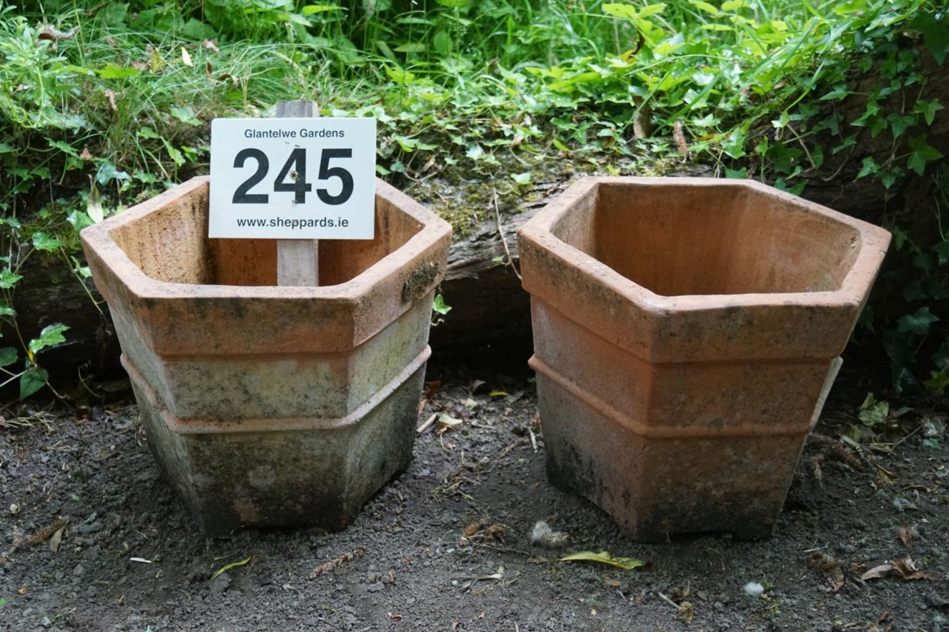 PAIR OF WEATHERED TERRACOTTA GARDEN PLANTERS