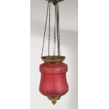 VICTORIAN BRASS AND CRANBERRY GLASS HALL LIGHT