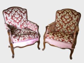 PAIR EDWARDIAN WALNUT & UPHOLSTERED ARMCHAIRS