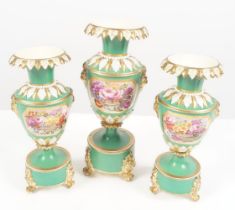 GARNITURE OF BLOOR DERBY PORCELAIN URNS