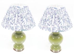 PAIR GREEN GLAZED CERAMIC TABLE LAMPS