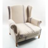 LARGE STRIPED UPHOLSTERED WING-BACK SETTEE