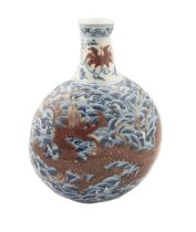 CHINESE PORCELAIN RED & BLUE DECORATED MOON FLASK