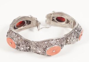 CHINESE FILIGREE SILVER & CORAL BRACELET