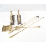 SET OF 19TH-CENTURY BRASS FIRE DOGS AND FIRE IRONS