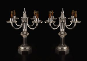 PAIR OF ART DECO CRYSTAL & CHROME CANDELABRAS