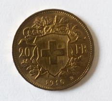 1910 SWISS 20 FRANC GOLD COIN