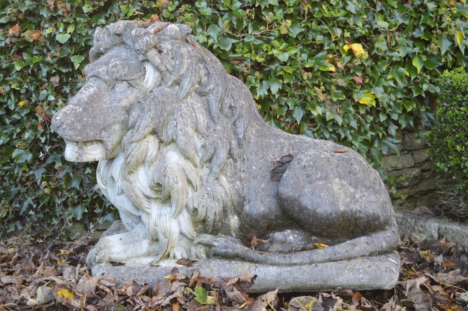 PAIR OF LARGE MOULDED STONE LIONS. - Image 2 of 6