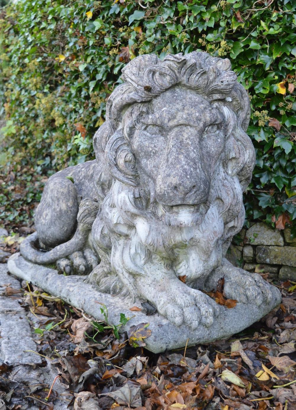 PAIR OF LARGE MOULDED STONE LIONS. - Image 3 of 6