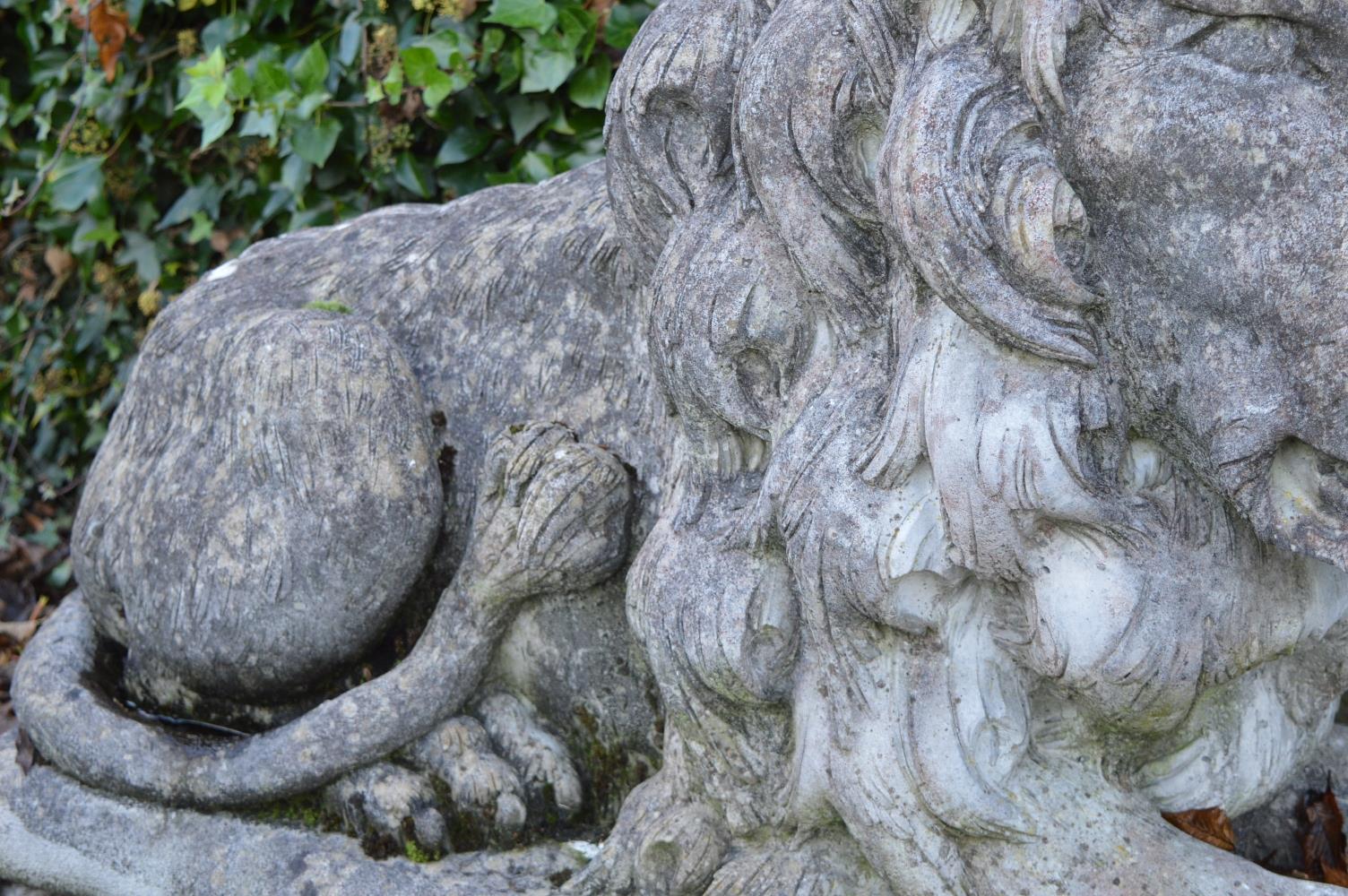 PAIR OF LARGE MOULDED STONE LIONS. - Image 5 of 6