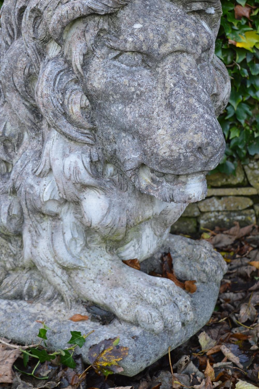 PAIR OF LARGE MOULDED STONE LIONS. - Image 4 of 6