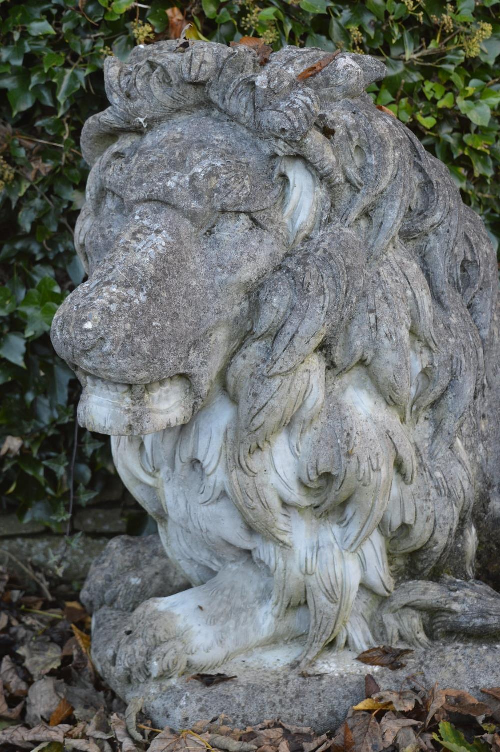 PAIR OF LARGE MOULDED STONE LIONS. - Image 6 of 6