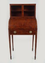 19TH-CENTURY AMBOYNA CYLINDER BUREAU BOOKCASE