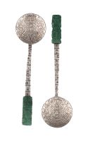 PAIR CHINESE SILVER & JADE SPOONS