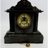 A Victorian black slate mantel clock with green marble and enamel dial, a/f 40cm