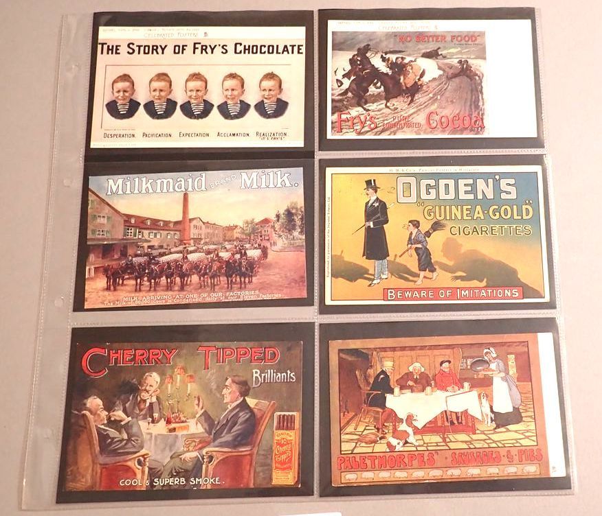 A group of six advertising postcards including some Tucks, Frys Chocolate, Frys Cocoa, Milkmaid