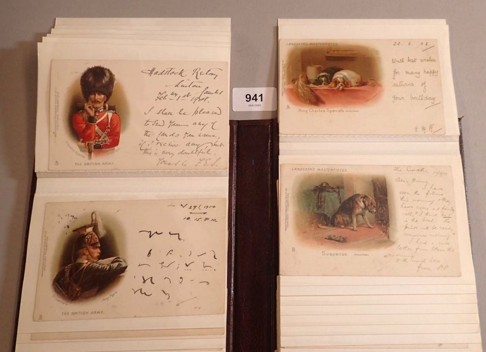 An album of mainly Raphael Tuck postcards including Harry Payne British Army series, Landseer