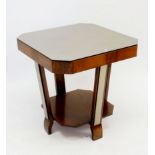 An Art Deco mirrored walnut occasional table with smoked mirrored top and legs, 60cm square x 61cm