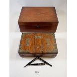 An oak and brass cigarette and cigar box and a Victorian writing slope - both a/f