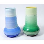 Two Shelley Harmony Ware banded vases in green and blue, 16cm