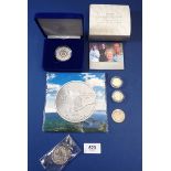 A quantity of silver coinage including: Royal Mint proof crown 2007 Diamond Wedding in box and