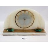 An Art Deco alabaster and malachite mantel clock, 30cm wide