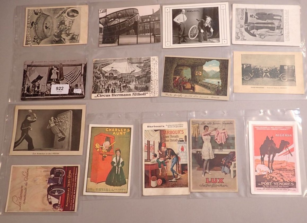 A collection of twenty four circus, fairground and advertising postcards