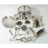 A silver plated ice bucket, silver plated cutlery set etc