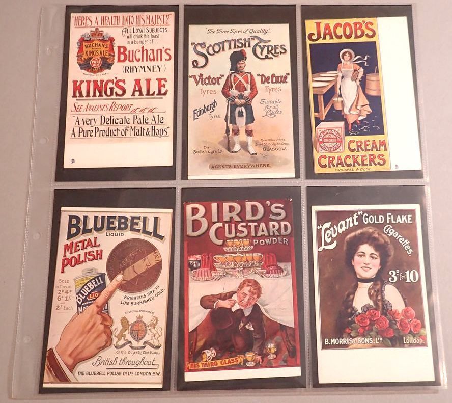 A group of six advertising postcards including some Tucks, Buchans Ale, Scottish Tyres, Jacobs Cream