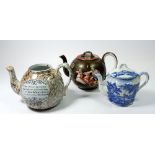 A Davenport teapot painted Roman charioteer, a Ridgways Humphry's clock teapot and a Staffordshire