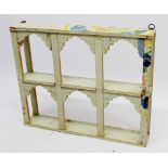 A painted wood wall shelf with arched sections, 76 x 64 x 12.5cm
