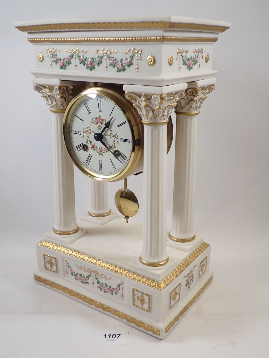 A Franklin Mint floral porcelain Empress Josephine Portico clock, striking on a bell, hairline to - Image 2 of 6