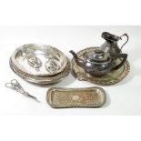 Two silver plated entree dishes and various other plated items