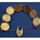A bracelet with encased gold sovereigns dates: 1891 2 off, 1890, 1892, 1895, 1896 and 1899 Victorian