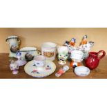 A George VI coronation mug, a pair of Victorian Staffordshire figures and various other china