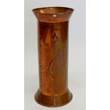 A copper Arts & Crafts stick stand with riveted construction and embossed decoration, 58cm