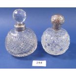 A cut glass spherical scent bottle with silver screw lid, Birmingham 1900, 12cm and another with