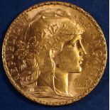 Gold: France 20 Francs 1910, edge lettering:Liberte Egalite Fraternite, all dates from 1907-1914