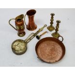 A box of copper and brass including brass chestnut roaster