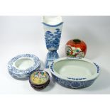 A group of modern oriental china including two bowls, vase, stand and five saucers