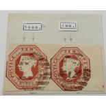 GB: QV 10d brown embossed pair, Plate 4, SG 57, Cat £3,500.