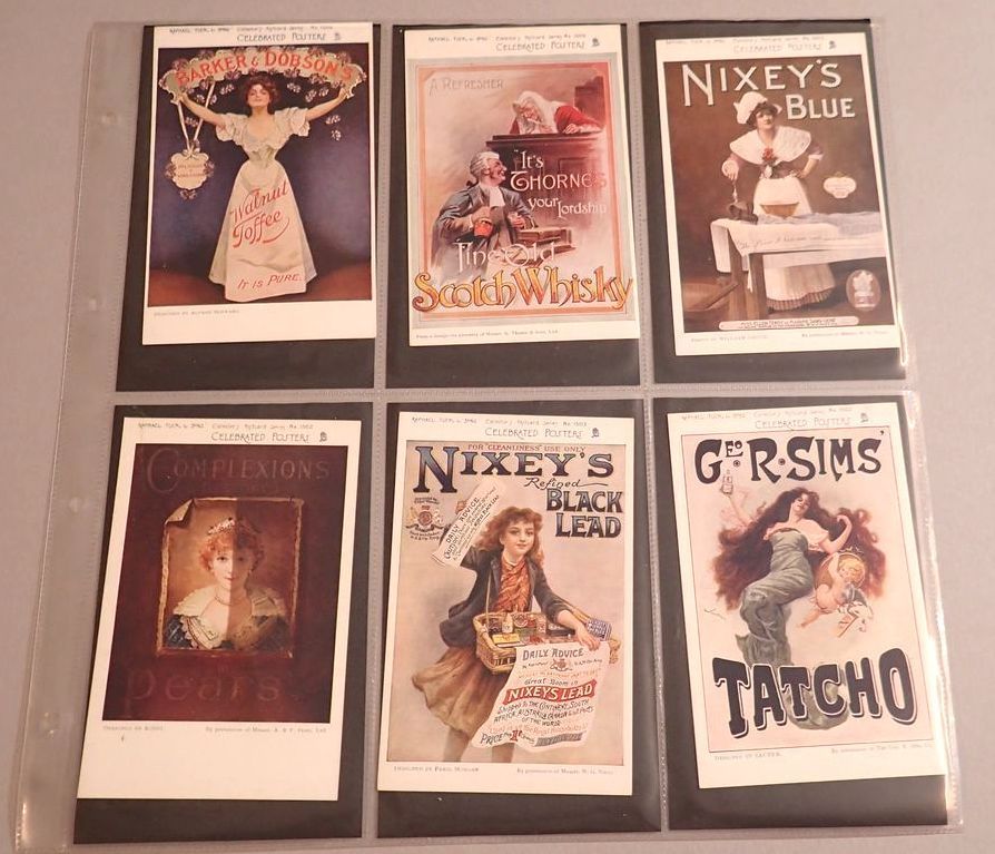 A group of six celebrated Tucks poster advertising postcards including Barker & Dobson Toffee,