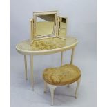 A vintage white painted oval dressing table, 100cm wide and a stool plus a triple framed mirror