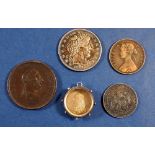 Miscellaneous lot of coinage including: Encased gilt sixpence 1887 with enamel, George III 1807