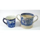 A Mason's Ironstone blue and white chinoiserie mug and a Victorian blue and white loving cup
