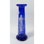 A tall tapered blue Mary Gregory style Art Nouveau vase painted woman amongst flowers, 31cm