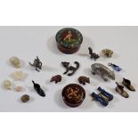 A group of miniature items including silver plated bear, Black Forest bears, Stanhope binoculars,