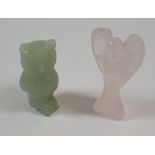 A rose quartz carved angel 4.7cm and a jadeite owl