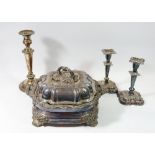 A 19th century Sheffield plated square entree dish on stand, a pair of similar candlesticks and